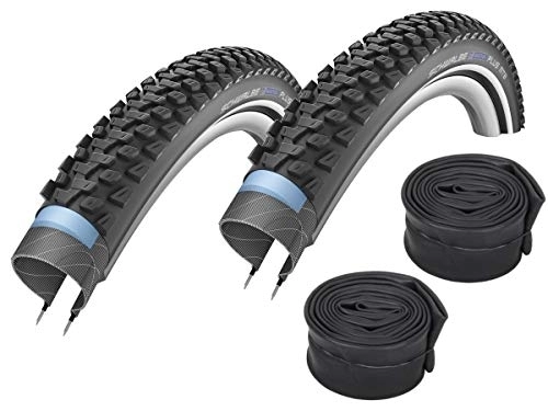 Neumáticos de bicicleta de montaña : Schwalbe Marathon Plus - Juego de 2 neumáticos reflectantes para bicicleta de montaña (26 x 2, 25 pulgadas, cámara de aire Schwalbe con válvula de coche)
