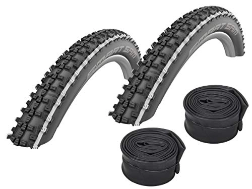 Neumáticos de bicicleta de montaña : Schwalbe Smart Sam White Stripes Lot de 2 pneus de VTT 26 x 2, 25 + Valve de vélo de Course Conti