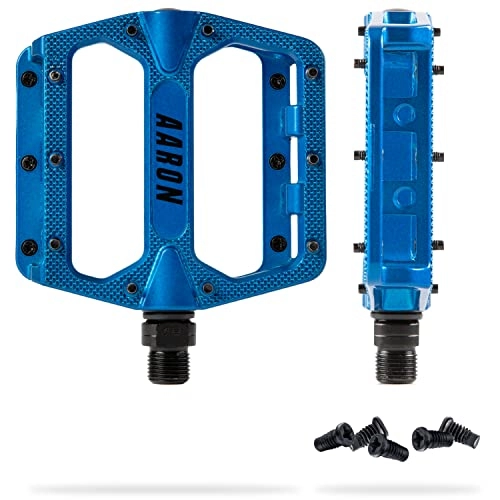 Pedales de bicicleta de montaña : AARON Rock - Pedales de MTB con rodamientos sellados de Calidad - Superficie Antideslizante con Pins Intercambiables - Azul