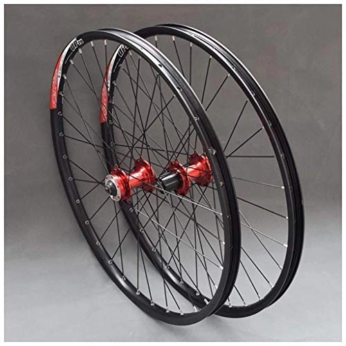 Ruedas de bicicleta de montaña : AINUO - Juego de ruedas para bicicleta de 26 pulgadas, ruedas de bicicleta MTB de doble pared de aleación de llanta de cassette con rodamiento sellado freno de disco QR 7-11 velocidad 32H (color rojo)