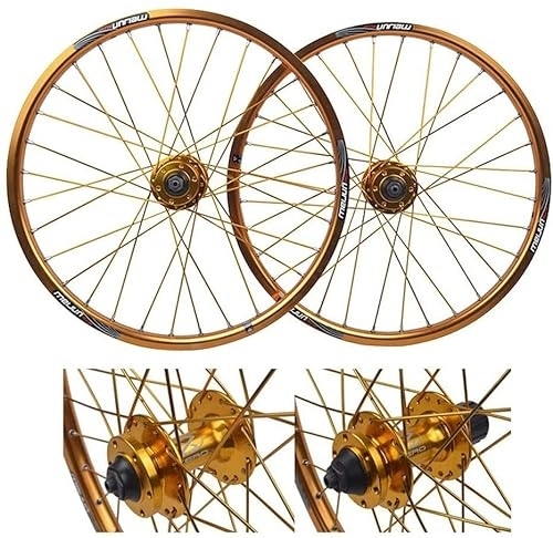 Ruedas de bicicleta de montaña : SJHFG Wheelset Ruedas for Bicicletas de 20 Pulgadas, Pared Doble MTB Rim Outdoor Release rápido V-Brake Hybrid / Mountain Bike Hole Disc 7 8 9 10 Velocidad Road Wheel (Color : Gold)