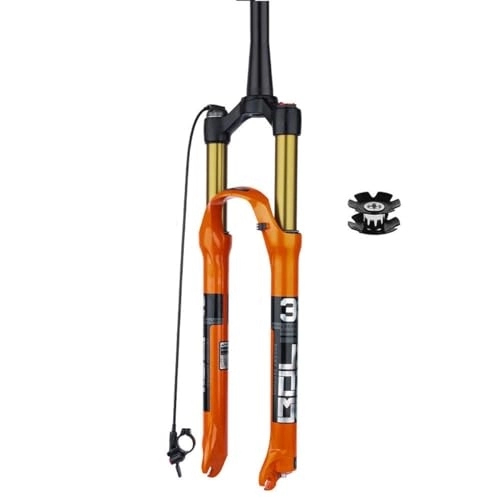 Tenedores de bicicleta de montaña : Horquilla de bicicleta de aire de 26 / 27, 5 / 29 pulgadas, recorrido de 100 mm con amortiguación HL, horquillas delanteras para bicicleta de montaña, freno de disco, tubo cónico de 1-1 / 2" QR 100 x 9