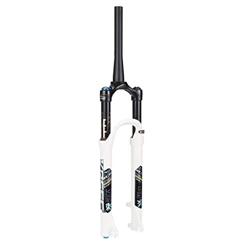 Mountain Bike Fork : CHICTI 26" 1-1 / 8" Suspension Fork, MTB Mountain Bike Aluminum Alloy Cone Disc Brake Damping Adjustment Travel 100mm Black&White Cycling (Color : White, Size : 29inch)