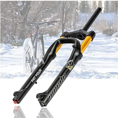 Mountain Bike Fork : JAMJII Bicycle Suspension Fork 26 X 4.0 Inch Fat Tire Straight Tube Damping MTB Bicycle Fork 100 Mm Travel Hl QR 9 Mm Disc Brake Air Fork for Snow Beach XC, Gold