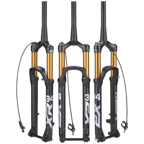 Mountain Bike Fork : Ultra-Light MTB Bicycle Front Fork Tapered Steerer 1-1 / 2'' Air Mountain Bike Damping Suspension Forks 27.5 29 Inch Travel 160mm Thru Axle 110 * 15mm XC (Color : Gold remote, Size : 27.5inch)