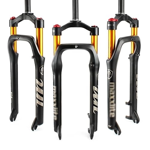 Mountain Bike Fork : ZCXBHD Air Fat Fork 20 26 inch Aluminum Alloy MTB Mountain Bike Suspension Fork Straight Tube 1-1 / 8" Travel 100mm QR 9mm Disc Brake Fit 4.0" Tire (Color : Gold, Size : 20 inch)