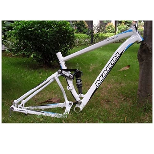 Mountain Bike Frames : Full Suspension Frame 26ER Mountain Bike Trail Frame Aluminium Alloy Disc Brake Bicycle Frame Travel 100mm DH / XC / AM MTB Frame Quick Release Axle, With Rear Shock ( Color : White Blue , Size : 26*19'' )