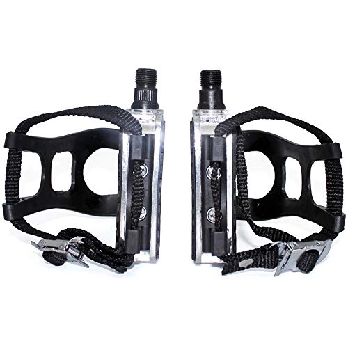 Mountain Bike Pedal : 9 / 16" Road Bike Pedals With Straps For Exercise Bike Spin Bike Pedals With Toe Clips Strap Mountain MTB Pedal Light Pedal (Color : Black)
