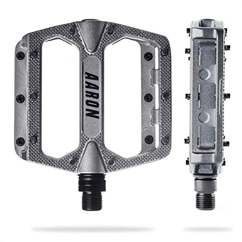 Mountain Bike Pedal : AARON - Rock Aluminium Mountain Bike Pedals with Industrial Ball Bearings - Anti-Slip Replaceable Pins - Platform Pedals for E-bikes, Mountain Bikes, trekking Bikes and many more - Grey