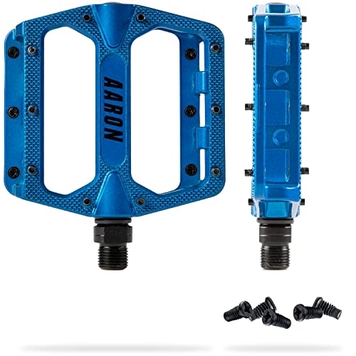 Mountain Bike Pedal : AARON - Rock Aluminium Mountain Bike Pedals with Industrial Ball Bearings - Anti-Slip with Replaceable Pins - Platform Pedal for E-bikes, MTB, Trekking Bikes - Blue