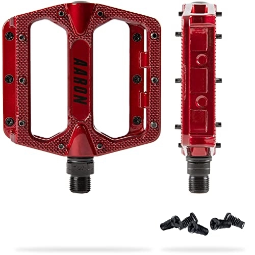 Mountain Bike Pedal : AARON - Rock Aluminium Mountain Bike Pedals with Industrial Ball Bearings - Anti-Slip with Replaceable Pins - Platform Pedal for E-bikes, MTB, Trekking Bikes - RED