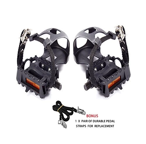 Mountain Bike Pedal : AbraFit 9 / 16-Inch Resin ATB Mountain Bicycle Pedals w / Toe Clip & Straps, Comes With One Extra Pair of Straps for Replacement