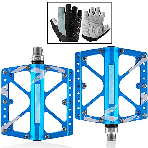 Mountain Bike Pedal : Aluminum Mountain Bike Pedals, 20 cleats, with Riding hand gloves, 5 replacement cleats, Bicycle pedal removal tool, for Road Mountain BMX MTB Bike, Blue