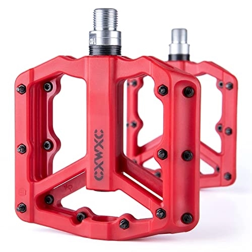 Mountain Bike Pedal : Bicycle Pedals Nylon Composite Flat Pedals 9 / 16 Mountain Bike Pedals 3 Bearing Non-Slip Waterproof Anti-Dust (Red, M)