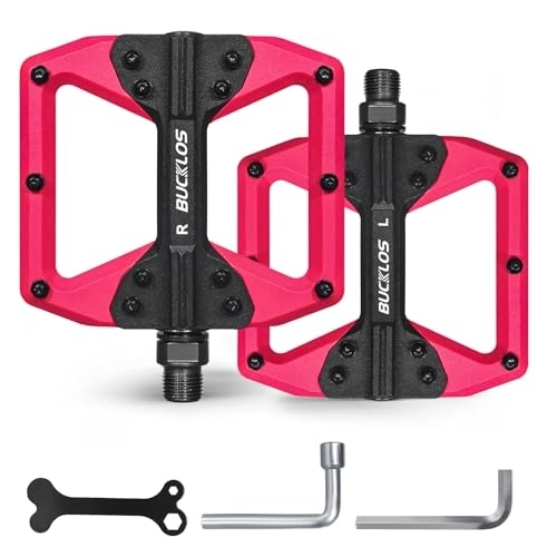 Mountain Bike Pedal : BUCKLOS Mountain Bike Pedals, MTB Flat Nylon Bicycle Pedal with Large Platform -Non-Slip Colorful Pedals for BMX / Commuter Bike 9 / 16"（Red+Black）