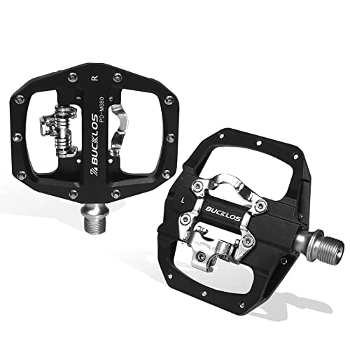 Mountain Bike Pedal : BUCKLOS SPD Pedals PD-M680 MTB Mountain Bike Clip in Dual Sided Pedals - Road Bike Spin Bike Flat & Clipless Sealed Bearing Bicycle Pedal Compatible with Shimano SPD Cleats (9 / 16" Aluminum Black)
