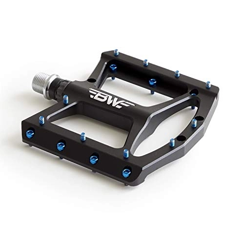 Mountain Bike Pedal : BW USA Wide Platform Mountain Bike Pedals - Lightweight Aluminum Pedals for MTB, BMX, Downhill - 9 / 16 Cr-Mo Spindle - Flat Metal Platform with Removable Grip Pins - Black / Blue