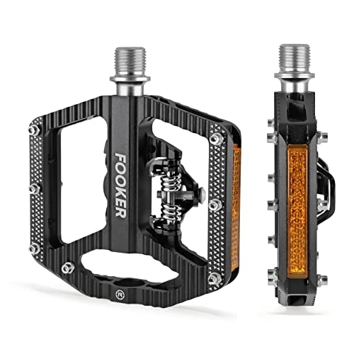 Mountain Bike Pedal : FOOKER Mountain Bike Pedals, Bicycle Pedals with Reflectors, 3 Bearing Flat Platform Compatible with SPD Dual Function Sealed Clipless Aluminum 9 / 16" Pedals with Cleats for Road, MTB, Mountain Bikes