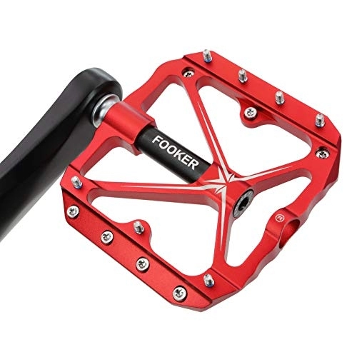 Mountain Bike Pedal : FOOKER Mountain Bike Pedals Non-Slip Bike Pedals Platform Bicycle Flat Alloy Pedals 9 / 16 Needle Roller Bearing (RED Black Needle Roller Bearing)