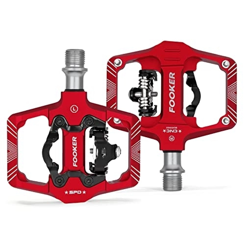 Mountain Bike Pedal : FOOKER SPD Pedals, MTB Mountain Bike Pedals Aluminum Pedals Compatible with SPD Dual Function Sealed Clipless Pedals 9 / 16" Bicycle Pedals with Cleats for Road, MTB, Mountain Bikes Red