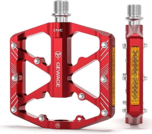 Mountain Bike Pedal : GEWAGE Bike Pedals With Reflective Strips, 3 Sealed Bearings Non-Slip CNC Aluminum Bicycle Platform 9 / 16" Pedals For Road Bike MTB E-Bike. (Red)