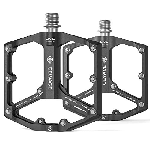 Mountain Bike Pedal : GEWAGE Road / Mountain Bike Pedals - 3 Bearings Bicycle Pedals - 9 / 16” CNC Machined Flat Pedals with Removable Anti-Skid Nails (Black)