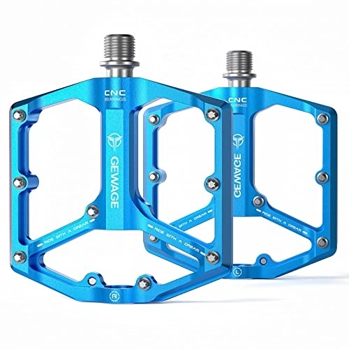 Mountain Bike Pedal : GEWAGE Road / Mountain Bike Pedals - 3 Bearings Bicycle Pedals - 9 / 16” CNC Machined Flat Pedals with Removable Anti-Skid Nails (Blue)