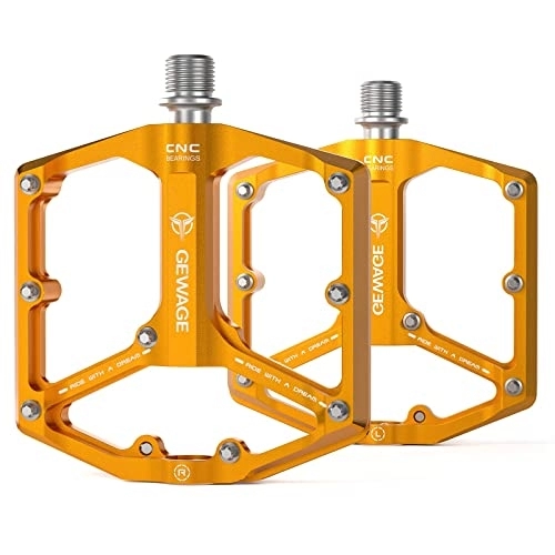 Mountain Bike Pedal : GEWAGE Road / Mountain Bike Pedals - 3 Bearings Bicycle Pedals - 9 / 16” CNC Machined Flat Pedals with Removable Anti-Skid Nails (Orange)