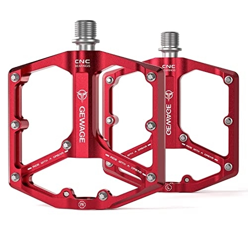 Mountain Bike Pedal : GEWAGE Road / Mountain Bike Pedals - 3 Bearings Bicycle Pedals - 9 / 16” CNC Machined Flat Pedals with Removable Anti-Skid Nails (Red)