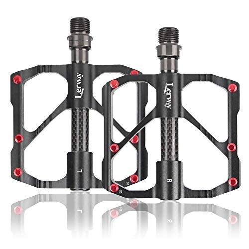 Mountain Bike Pedal : LERWAY Bike Pedals Mountain Bike Pedal, Aluminum Alloy Wide Platform Pedal with 12 Anti-skid Pins, 9 / 16" Carbon Fiber Bearings for Road Mountain BMX MTB Bike (Black and Red)