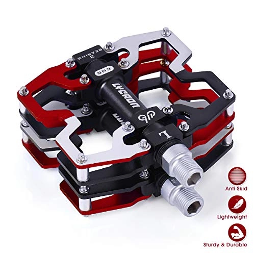 Mountain Bike Pedal : LYCAON Bike Bicycle Pedals, CNC Machined Aluminum Alloy Non-slip Cr-Mo Spindle Bicycle Pedal, 3 Bearings Pedals for 9 / 16" MTB BMX Cycle Mountain Road Bike Pedals (Red)