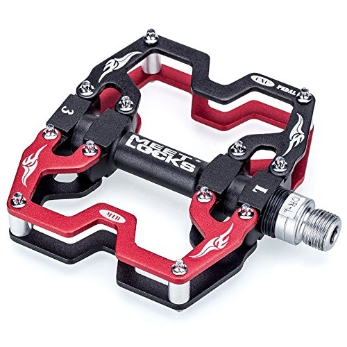 Mountain Bike Pedal : Meetlocks Bike Pedal, Moulded Body in Aluminium Magnesium Alloy, Cr-Mo CNC 9 / 40, 64 cm Thread Spindle, Super DU / Sealed Bearing, Black and Red, red