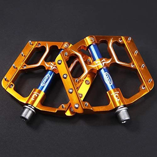 Mountain Bike Pedal : SPLLEADER Wide Flat Mountain Road Cycling Bicycle Bike Pedal 3 Sealed Bearings 9 / 16in Aluminumwith Removable Antiskid Cleats (Color : Golden)