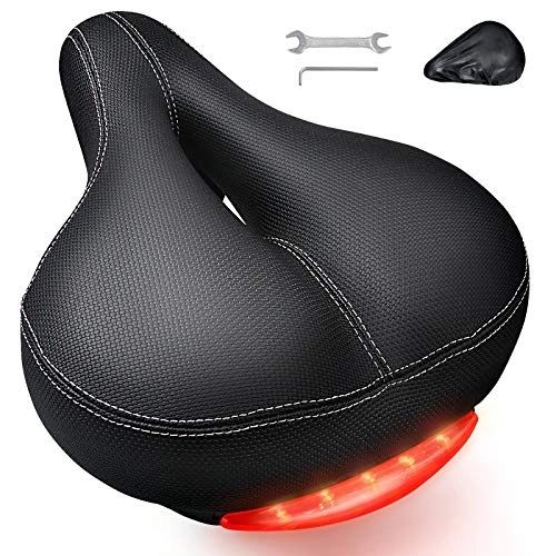 Mountain Bike Seat : ANVAVA Bike Saddle with Taillight for Men Women, Most Comfortable Memory Foam Waterproof Padded Leather Wide Bicycle Seat Cushion, Soft Breathable Shock Absorbing, Fit Most Bikes