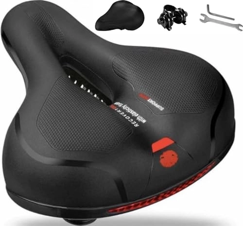 Mountain Bike Seat : Bicycle Saddle with Cover and Tools Extra Wide Bike seat and Extra Thick Comfortable Soft Memory Foam Bicycle Seat with Dual Shock Absorbers for Exercise Bikes, Mountain, Road Bikes (Black and Red)