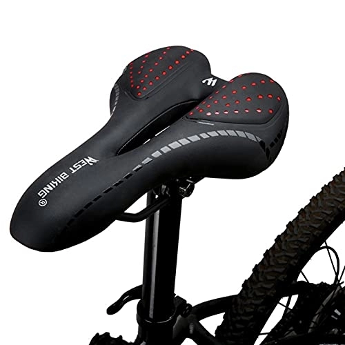 Mountain Bike Seat : Breathable Soft Bike Bicycle Saddle PU Leather Surface Silica Filled Gel Comfortable Road MTB Mountain Bike Cycling Saddle Seats (Color : Black Red)