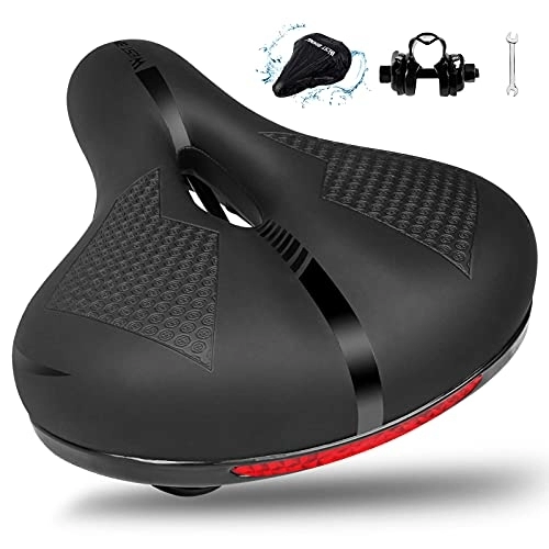 Mountain Bike Seat : Comfortable Bike Seat, Soft Memory Foam Padded Bike Seat Waterproof Wide Bicycle Saddle with Dual Shock Absorbing Rubber Ball Universal Fit for Indoor / Outdoor Bike with Mounting Wrench Reflective Tape