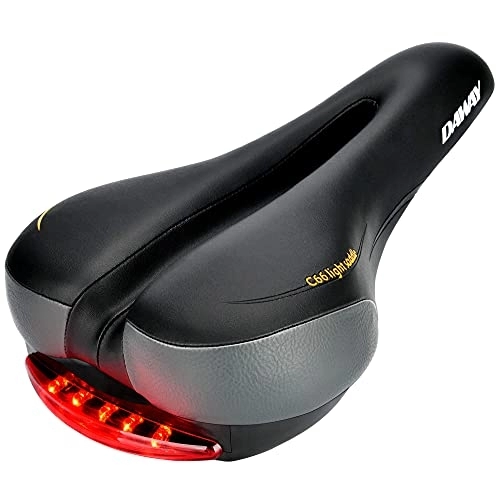 Mountain Bike Seat : Comfortable Road Mountain Bike Seat - DAWAY C66 Foam Padded Leather Bicycle Saddle for Men Women Everyone, with Taillight, Waterproof, Soft, Breathable, Fit MTB, Most Bikes