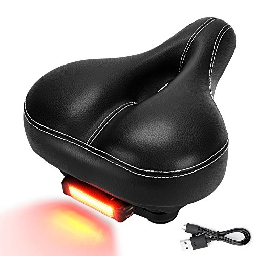 Mountain Bike Seat : DAWAY C900 Bike Seat with Rechargeable Taillight - Men Women Foam Padded Leather Wide Bicycle Saddle Cushion, Comfortable, Waterproof, Dual Spring, Soft, Breathable, Universal, 1 Year Warranty, Black