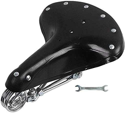 Mountain Bike Seat : Fisecnoo Sprung Bicycle Saddle, Replacement Retro Leather Bicycle Saddle Cushion Spring Seat Shock Absorption, Easy To Install (Color : Black)