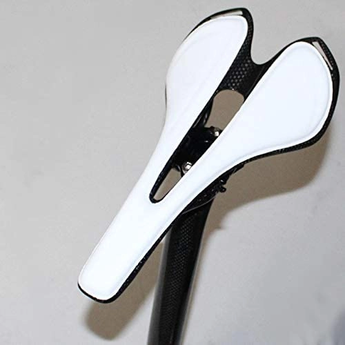 Mountain Bike Seat : Full Carbonfiber+Leather Fiber Road Mountain Bike Saddle Seat Cushion Carbon Bicycle Black White Red Cycling Parts (Color : WHITE) High reliability (Color : White)