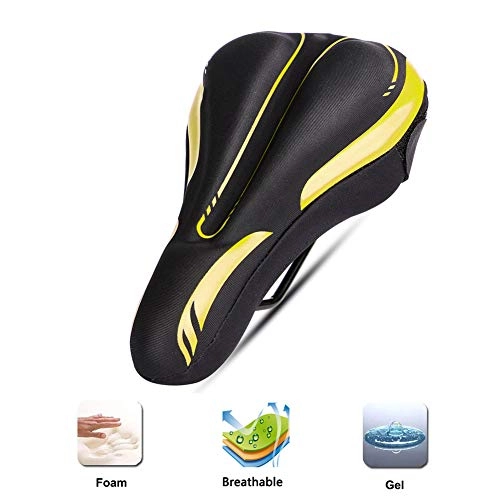 Mountain Bike Seat : Gel Bike Seat Cover, Bike Seat Cover Comfortable Exercise Bike Seat Cushion Breathable Soft with Reflective Strips, Non-slip Bicycle Saddle Cover for Women and Men Fits Indoor Cycling Spinning, Yellow