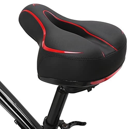 Mountain Bike Seat : KASD Black Red Hollow Mountain Bike Saddle Cover, Safe Riding Water-repellent Leather Bike Saddle with Highly Reflective Sticker for Riding Without Pain
