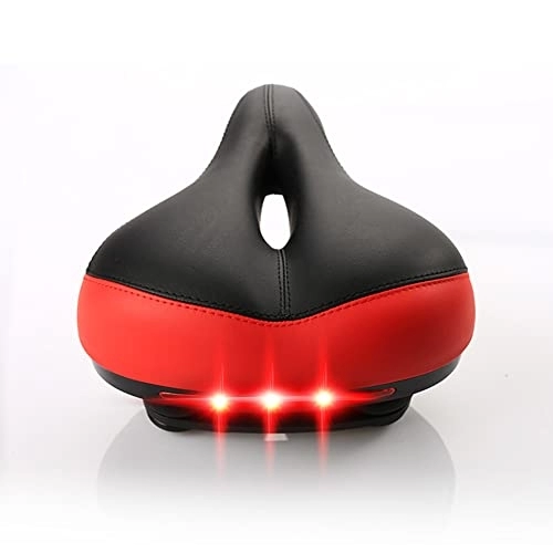 Mountain Bike Seat : Mountain Bike Seat with Warning Rear Lights Bike Seat Cushion Extra Wide Comfort Thickened Road Bike Saddle Shock Absorb Soft Padded for Men Women, Red