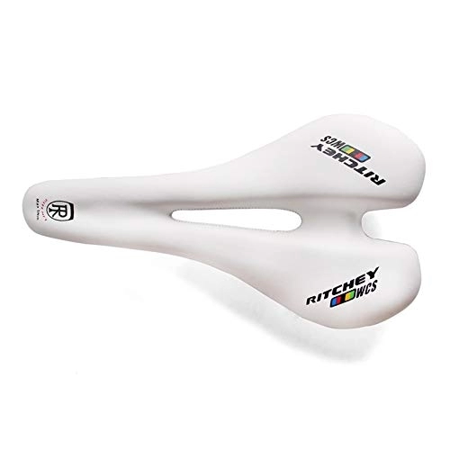 Mountain Bike Seat : NIMUDU Mountain Bike Seat, Gel Bike Seat Road Bicycle Saddle Leather Hollow Breathable MTB Bike Saddle Comfortable Cycling Front Seat Color Label Cushion (Color : White)