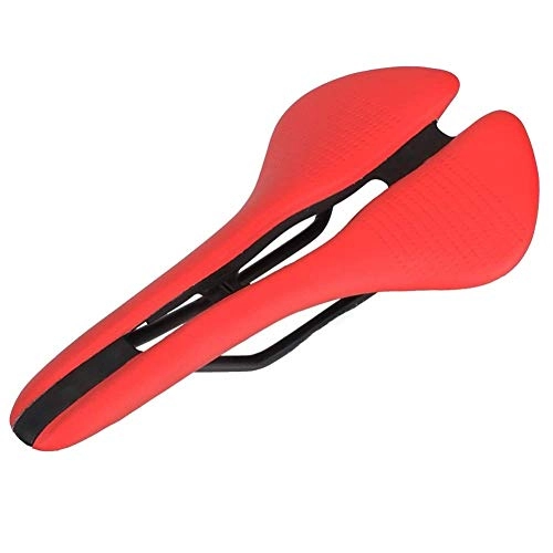 Mountain Bike Seat : Qiutianchen Microfiber Leather A+ Bicycle Cushion Ultralight Long Distance Mountain Bike Hollow Comfort Saddle for Mountain Bike Road Bike (Color : Red)