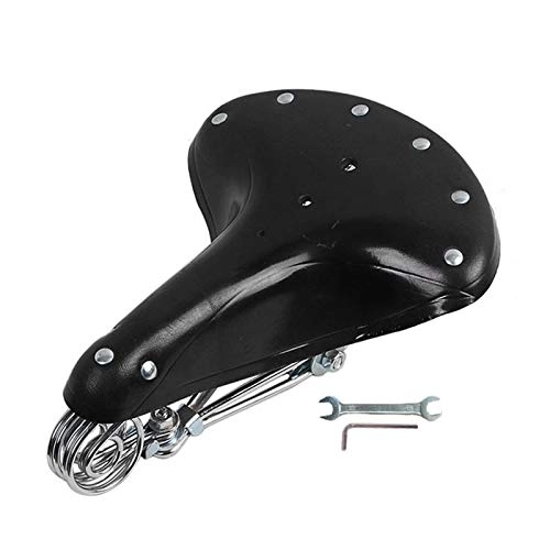 Mountain Bike Seat : Vintage Bike Seat Retro Leather Bicycle Bike Cycle Cowhide Saddle Seat Spring Comfort Seat With Quick Installation Wrench (Color : Black)