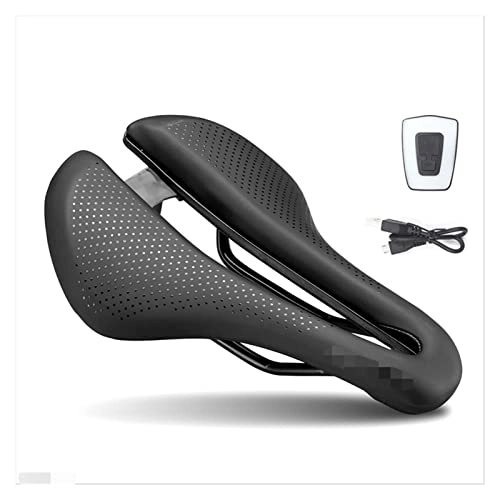 Mountain Bike Seat : XINGHUA wangzai store Bike Saddle Seat Hollow Breathable MTB Road Bicycle Saddle Shock Absorbing Comfortable Mountain Bike Cushion With Safety Warning (Color : With USB Light)