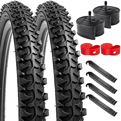Mountain Bike Tyres : 2 Pack 24" Mountain Bike Tyres 24" x 1.95" (50-507) Plus 2 Pack 24" Bike Tubes Compatible with 24x1.95 Bike Tyre and Tubes (P1016-Black)