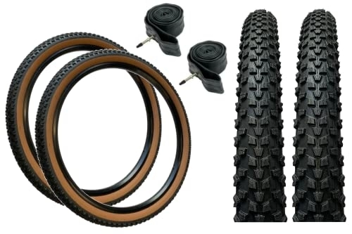 Mountain Bike Tyres : Baldy's PAIR 26 x 2.10 CLASSIC BROWN WALL Off Road Knobby Tread Tyres & Presta Valve Tubes for MTB Mountain Bikes (Pack of 2)